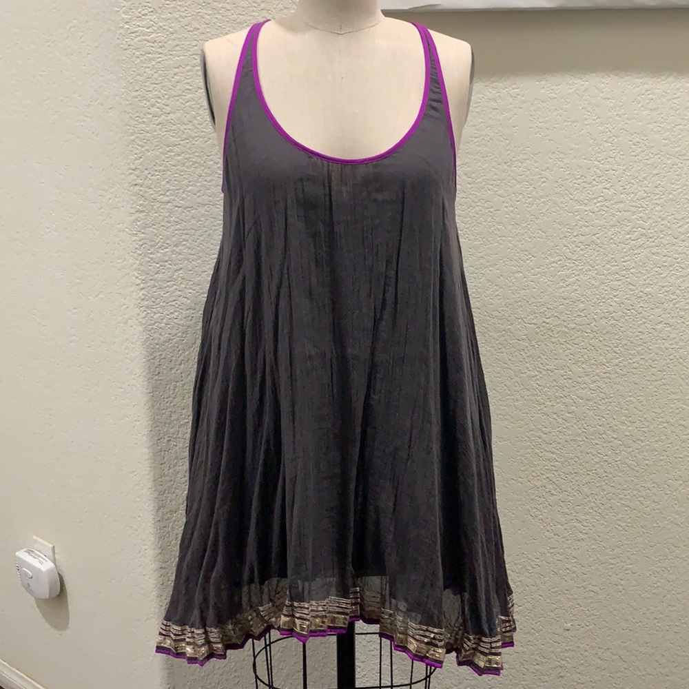 Free People Charcoal Gray Asymmetrical Tank Dress with Purple Trim